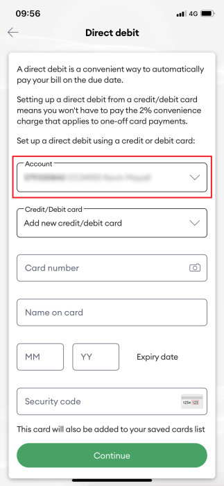 Screenshot My One NZ App Direct Debit Account