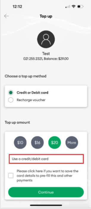 My One NZ App Top Up Credit or Debit Card Method Screen