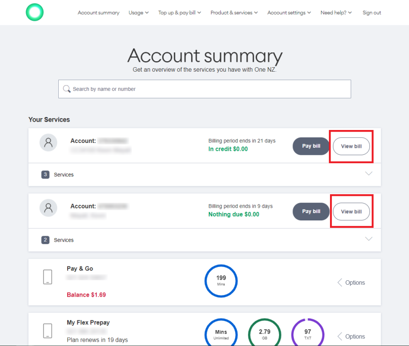 Screenshot My One NZ Web View Bill