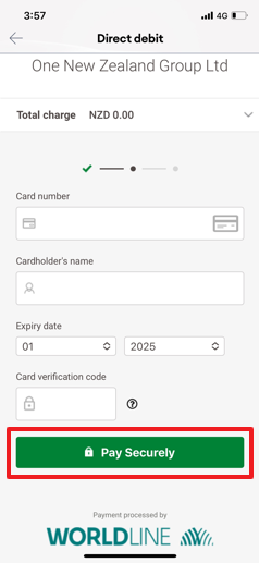 My One NZ App Direct Debit Credit Card Fields