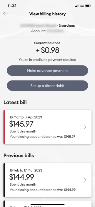 Screenshot My One NZ App View Billing History