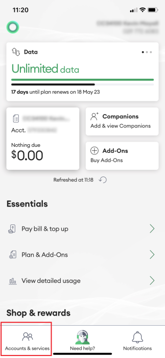 Screenshot My One NZ App Accounts and Services