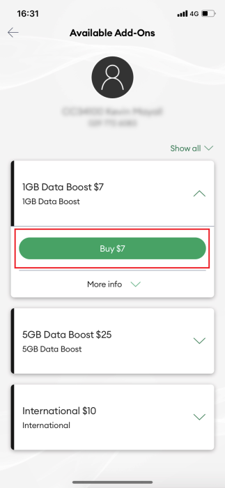 Screenshot My One NZ App, buying Add-Ons.