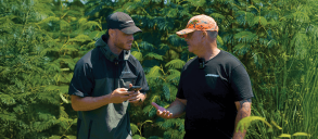 Two people stand in a lush, green forest area, talking to each other.