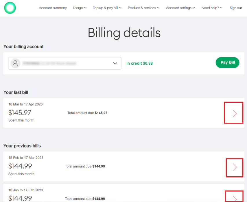 Screenshot My One NZ Web View Bills
