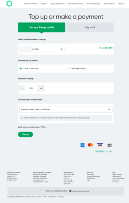 My One NZ Web Top Up or Make a Payment 