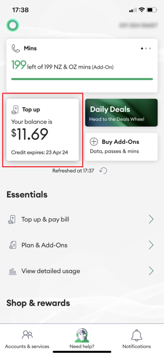 Screenshot My One NZ App Topup Tile