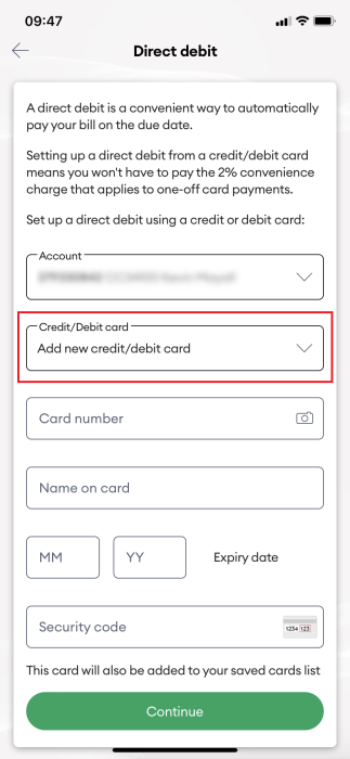 Screenshot My One NZ App Direct Debit Card Selection