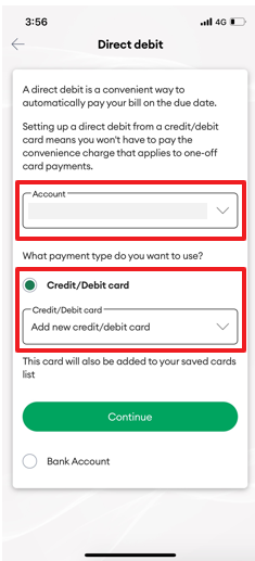 Credit or debit card menu item highlighted 