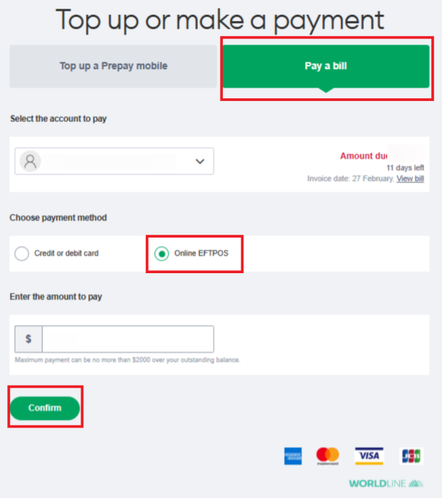 My One NZ Web Eftpos Pay Bill Screen